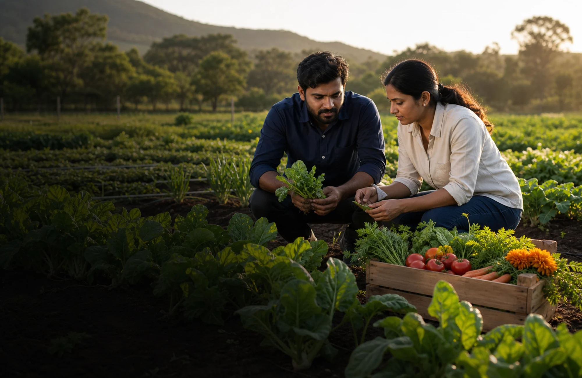 Indian farmers inspecting healthy crops together at golden hour