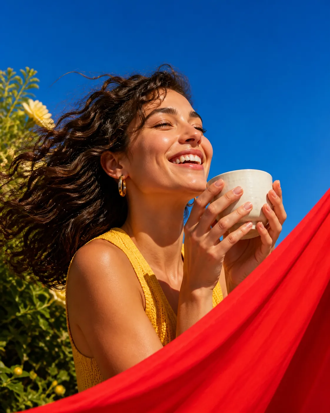 An Indian woman enjoying a joyful coffee moment in the summer sun