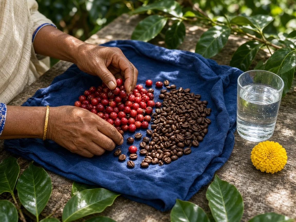 An Indian coffee producer sorting ripe coffee cherries and roasted beans by hand