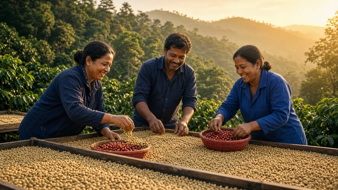 Indian coffee growers working together at drying beds in the morning sun